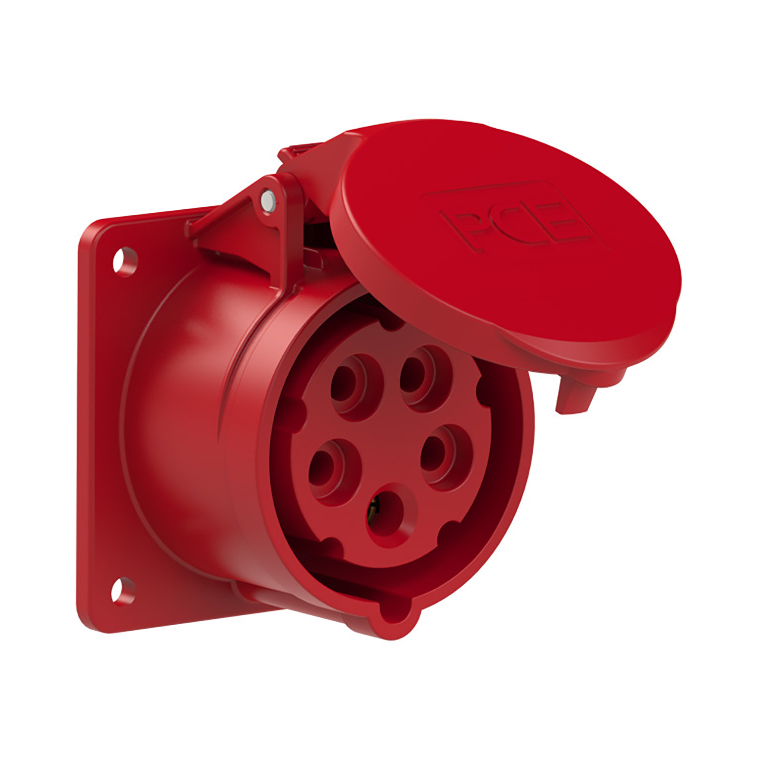 103012 CEE inbouw wcd recht 16A 5p 400 V 6h rood IP54 flens 75x75mm steek 60x60mm verzonken gaten