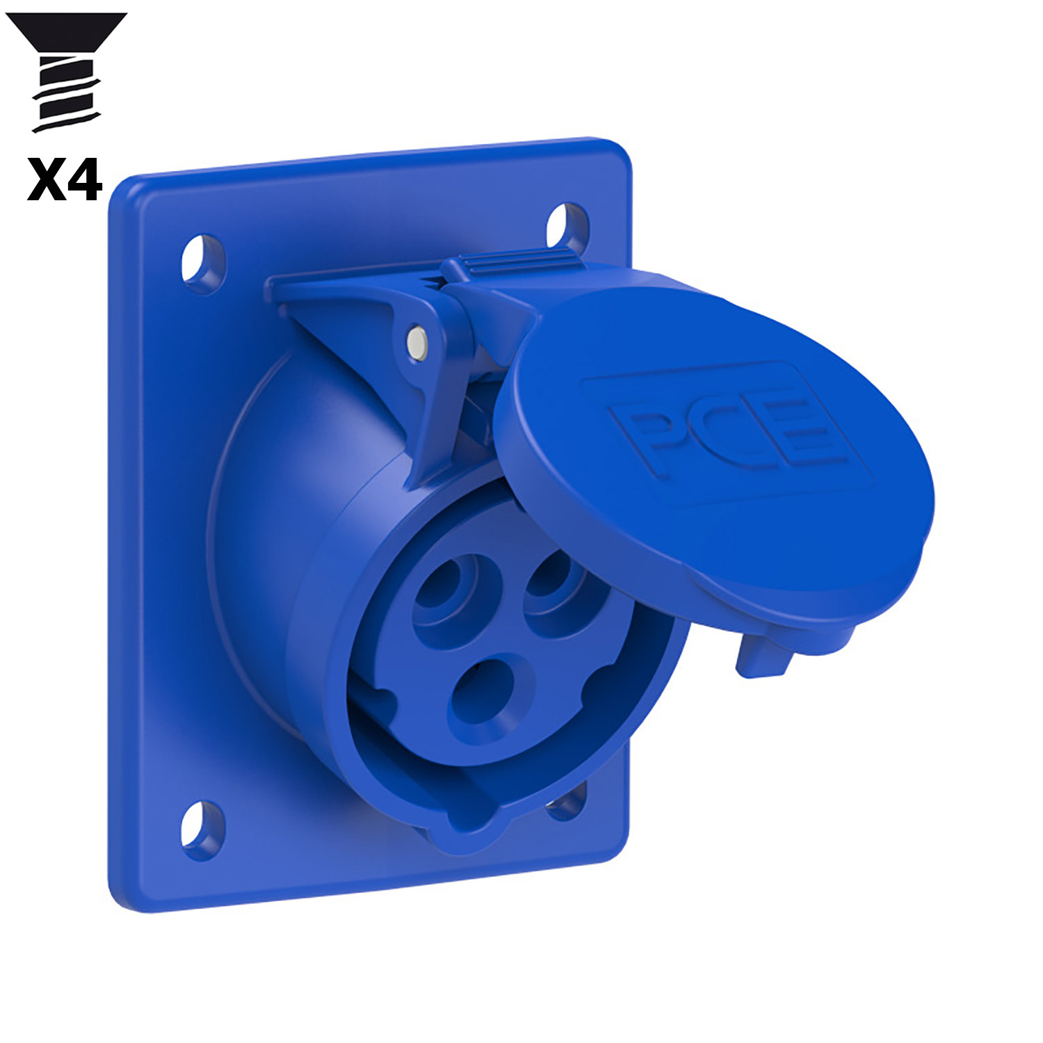 103153 CEE inbouw wcd schuin 16A 3p 230V 6h blauw IP44 flens 70x85mm steek 50x65mm verzonken gaten