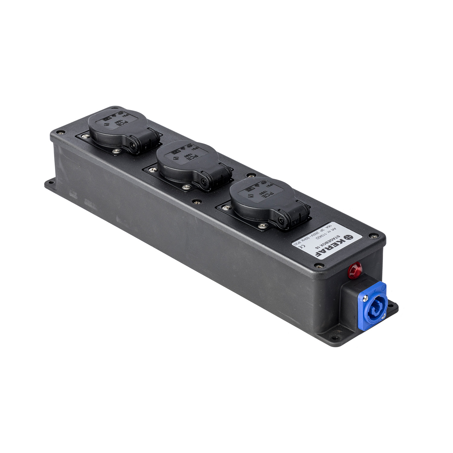 Stagebox PowerCON >3-voudig SchuKo doorlus blauw-in grijs-out LED zwart detail 11