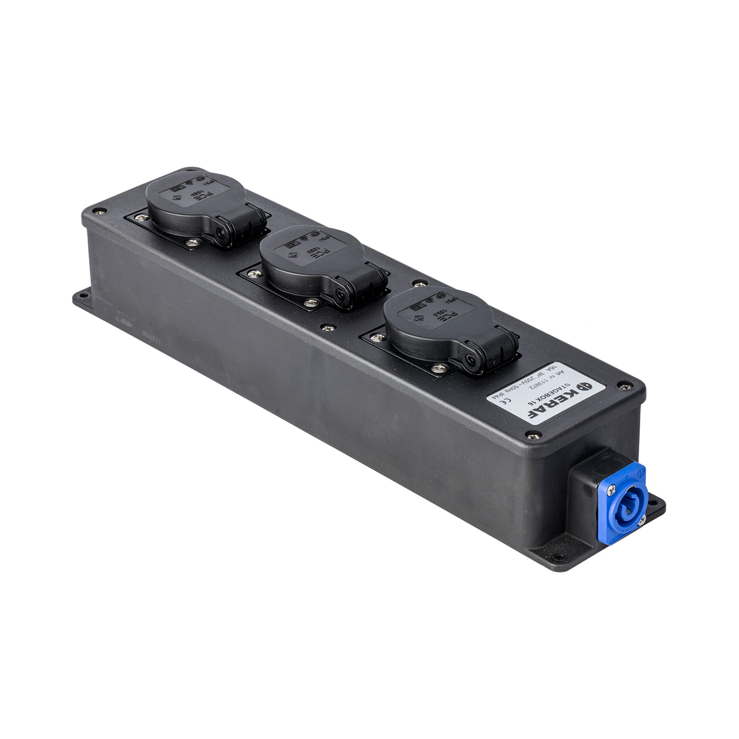 Stagebox PowerCON >3-voudig SchuKo doorlus blauw-in grijs-out LED zwart detail 3